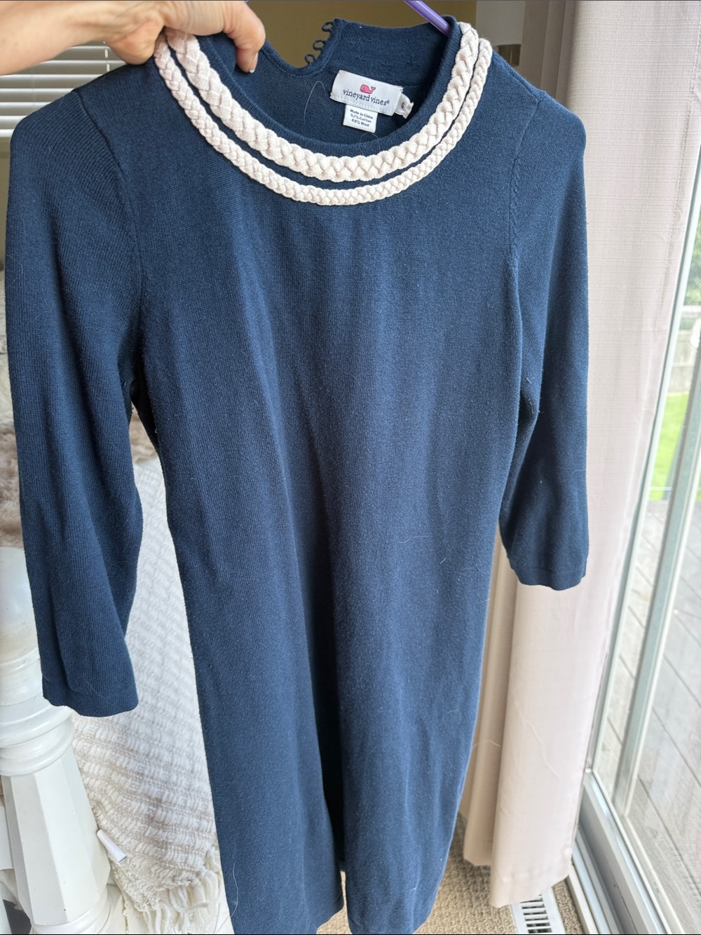 Vineyard Vines Navy Knit Long-Sleeve Dress with Ivory Braided Neckline